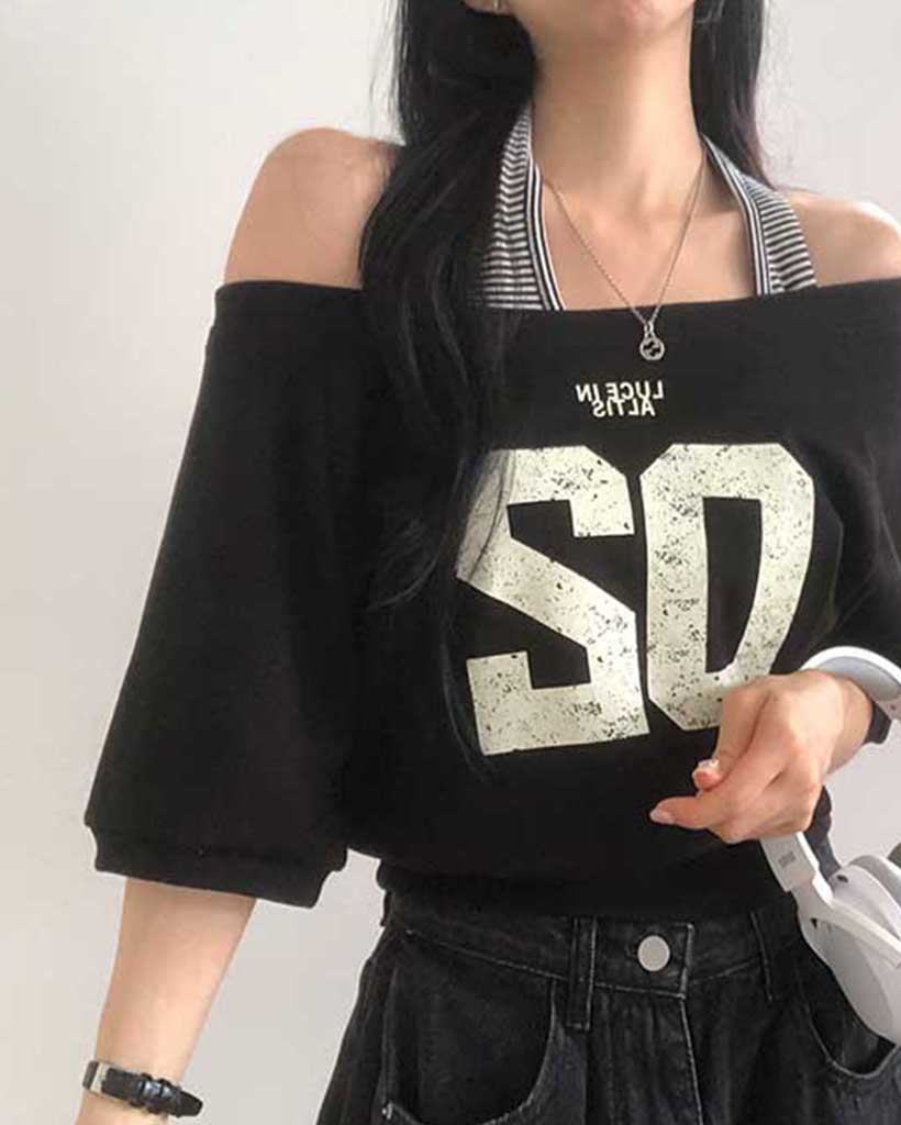 セミクロップドレタリングオフ半袖Tシャツ | ファッション通販