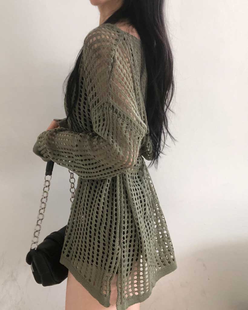 3ピース]シースルーネットニットノースリーブベルトセット