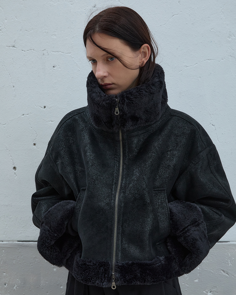 High Neck Short Shearling Jacket (Black)
