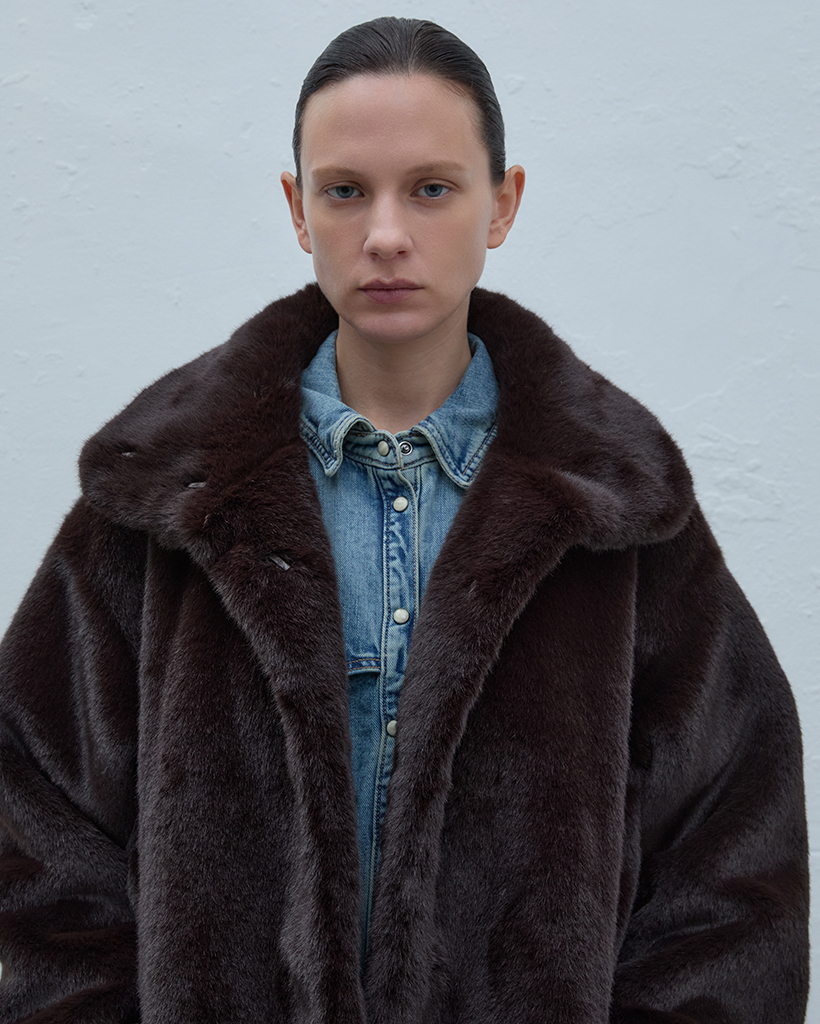 High Neck Eco Fur Jacket (Dark Brown)