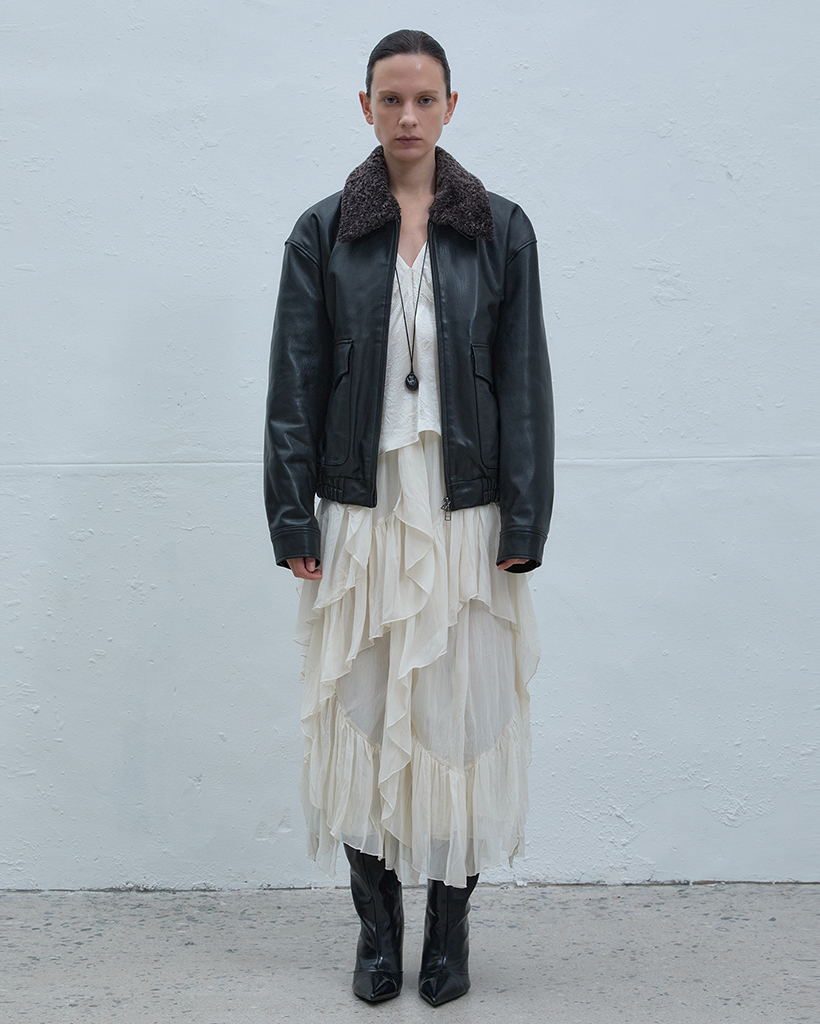 Goat Leather Shearling Collar Jumper (Black)