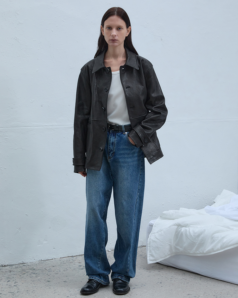 Lamb Vegetable Leather Car Coat (Black)