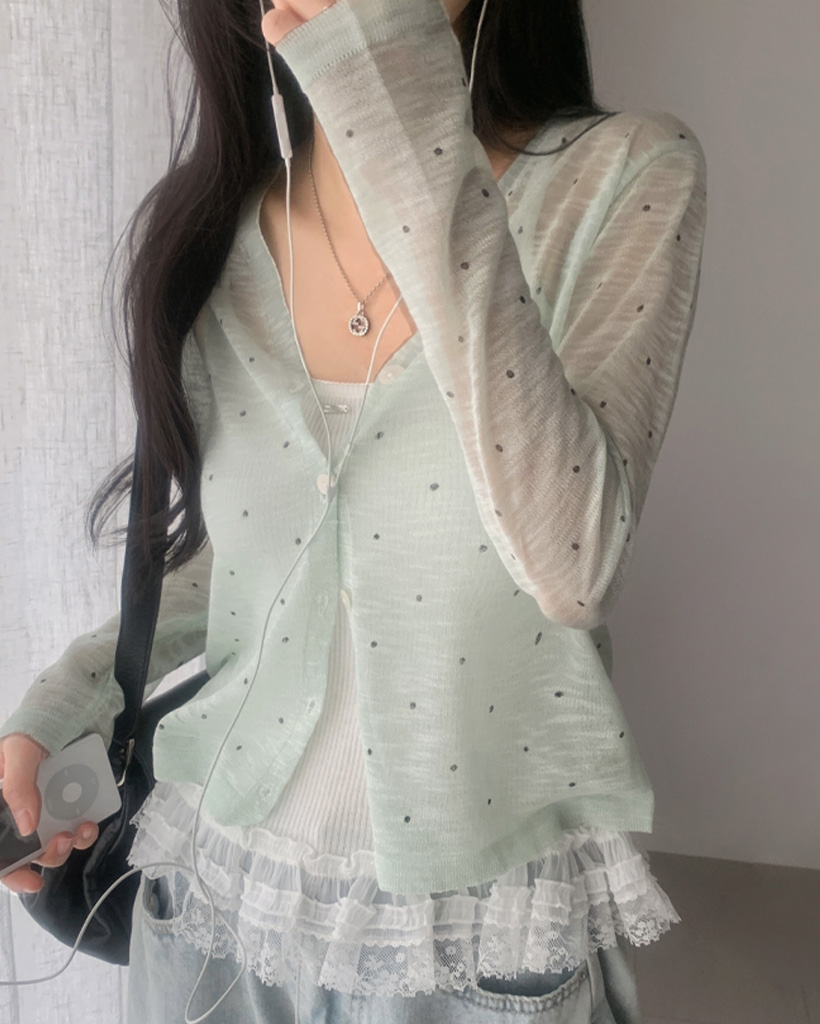 ドットシースルーVネックカーディガン-3color | ファッション