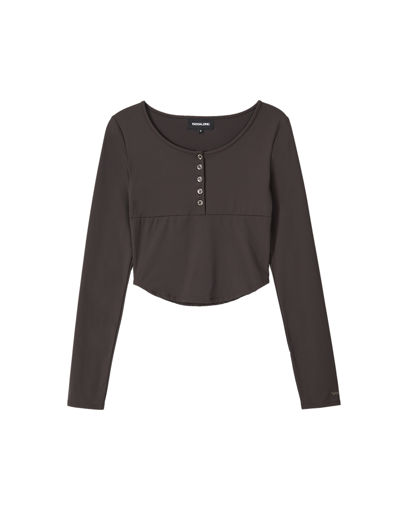 Nylon Buttoned Crop T-shirt [Fabric by ITALY] - BROWN