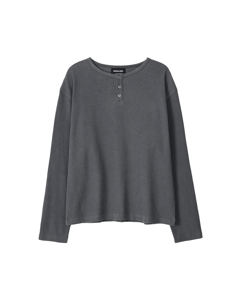 Layered Loose Waffle Henley Neck Long Sleeve Tee - FADE NAVY