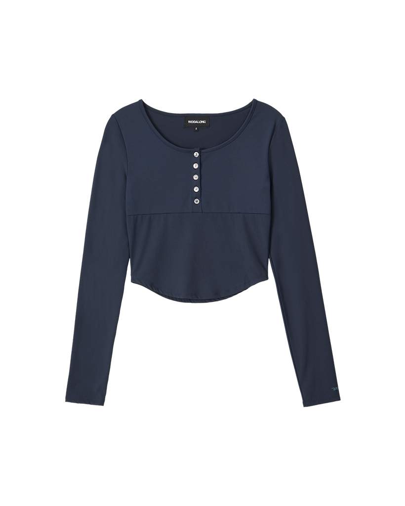 Nylon Buttoned Crop T-shirt [Fabric by ITALY] - NAVY