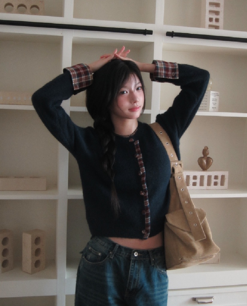 Lever Check Two-tone Button Cardigan - 3 colors