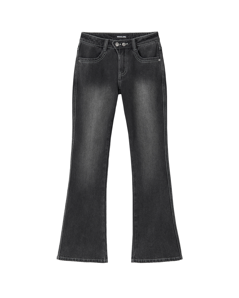 [K-POPアイドル着用] Cat Washed Stitch Bootcut denim pants - BLACK