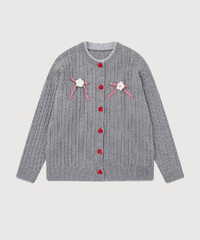 キュートリボンハートボタンリブカーディガン