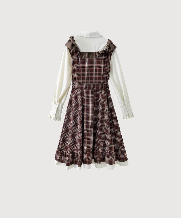 フェイクツーブラウンチェックフリルワンピース | ファッション