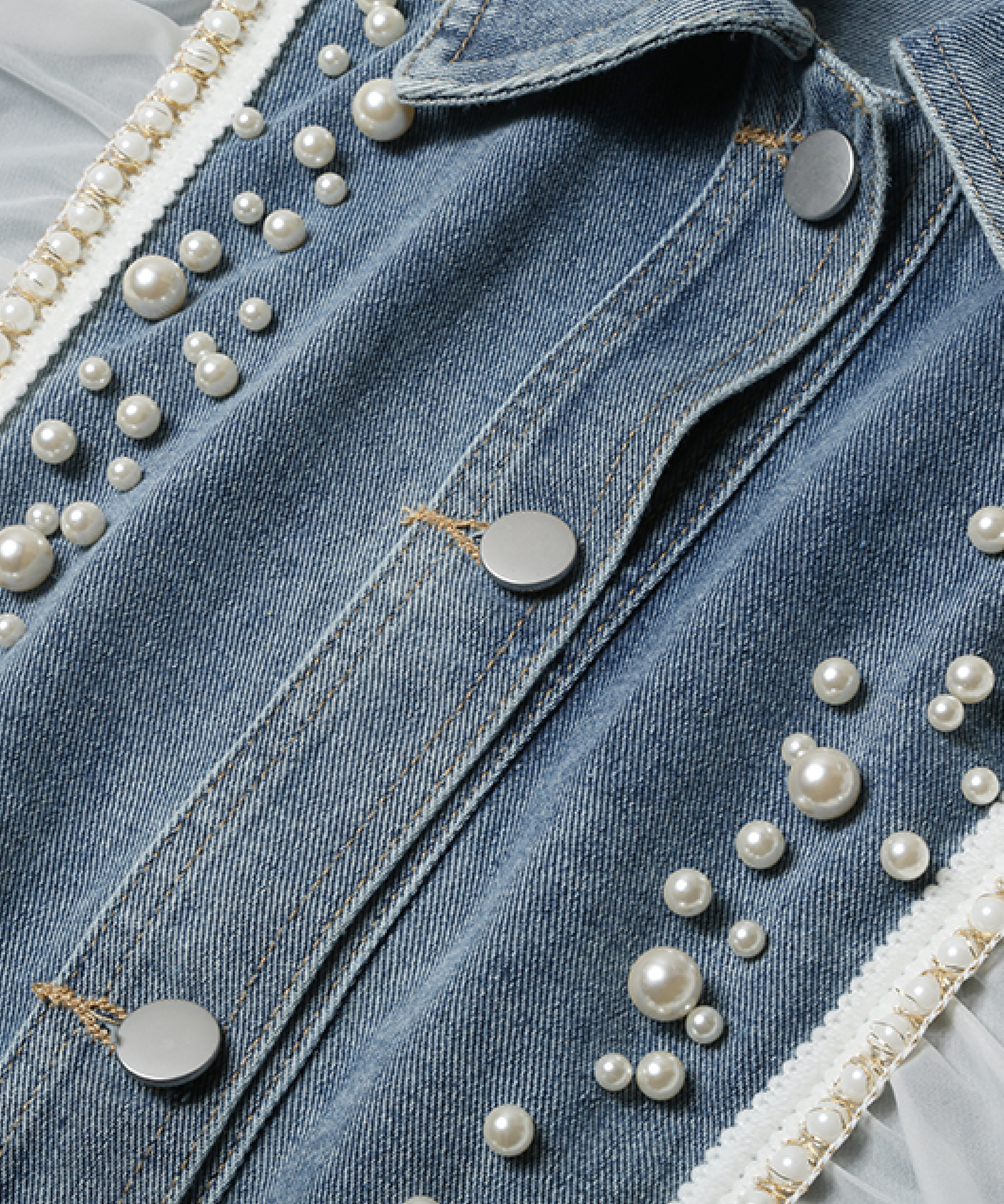 4/11までお値下げ☆YANUK×PARIGOT パール付きデニムジャケット ラッフルデコパールデニムジャケット | ファッション通販サイト NUGU