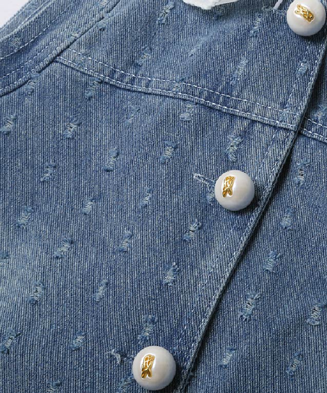 刺繍付きパープルベージュデニムセットアップ フリンジデザインレースデコデニムセットアップ | ファッション