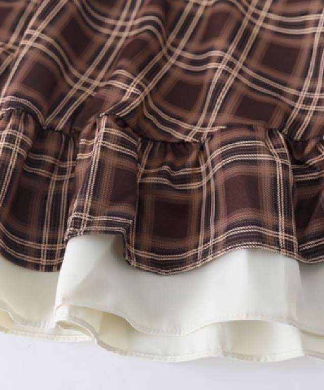 フェイクツーブラウンチェックフリルワンピース | ファッション