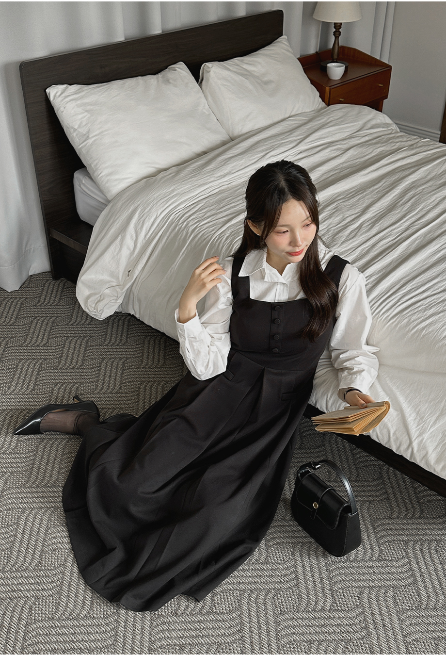 ストレッチプリーツビスチェロングドレスワンピース