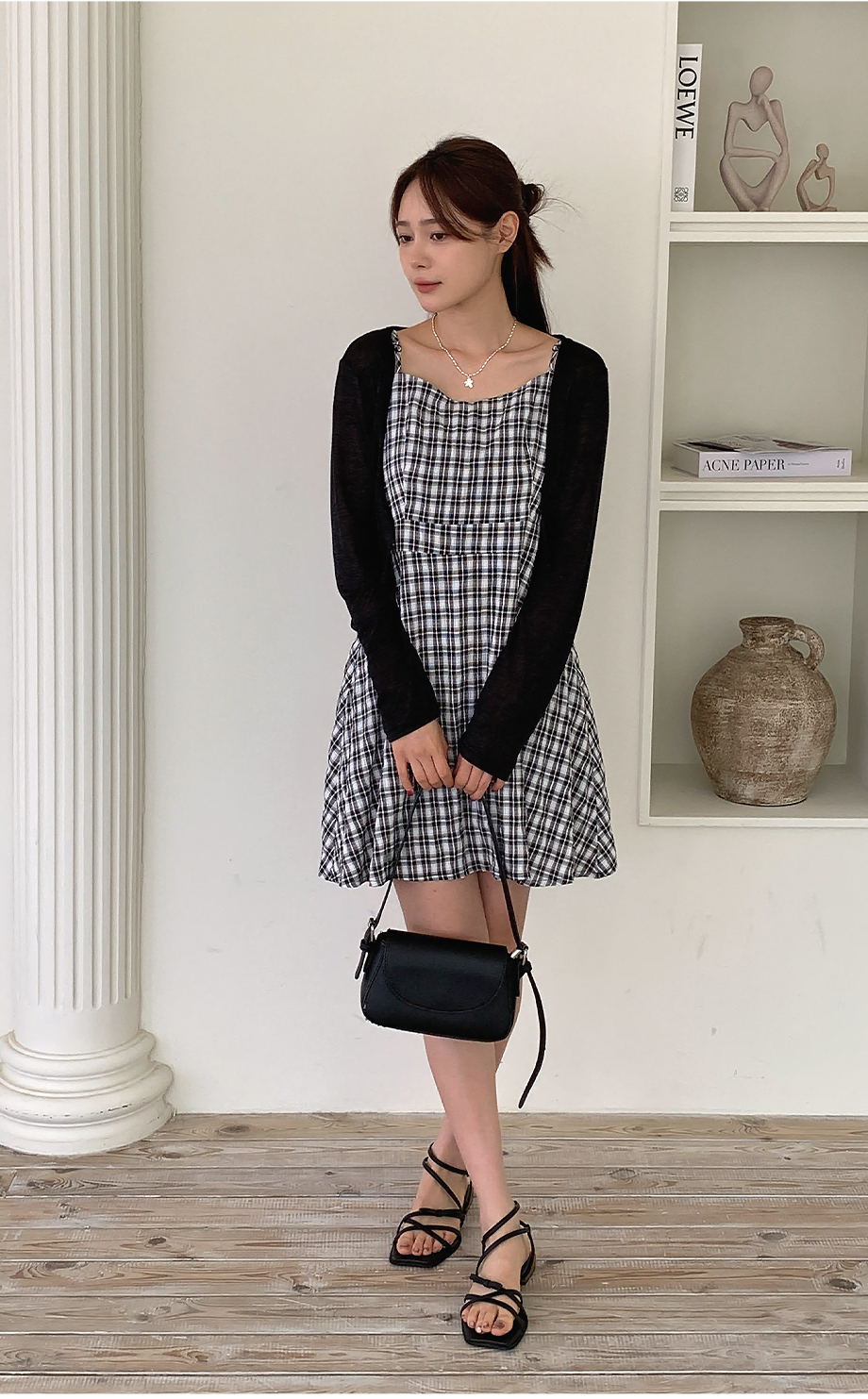 ボレロカーディガンチェック柄ミニワンピースツーピースセット