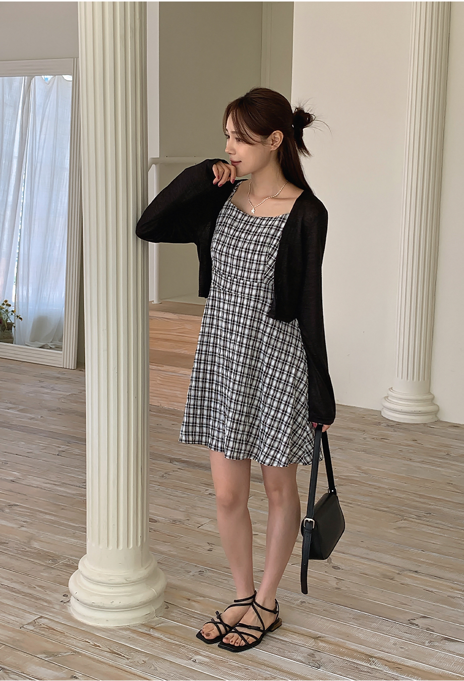 ボレロカーディガンチェック柄ミニワンピースツーピースセット