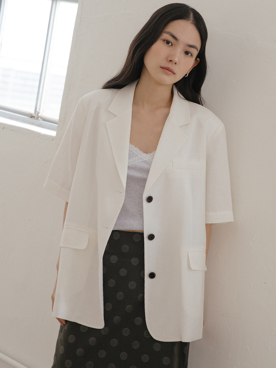 Linen blended half sleeve jacket [TISU05JK02]_Ivory