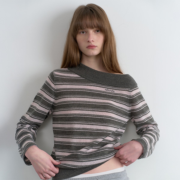 ONE OFF SHOULDER STRIPE KNIT GY+PK