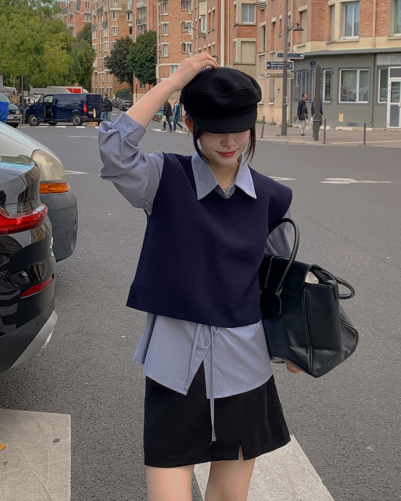 チロ　styling/ ストライプシャツ&amp;ニットベスト ファーニットベスト+ストライプシャツ – Belchic