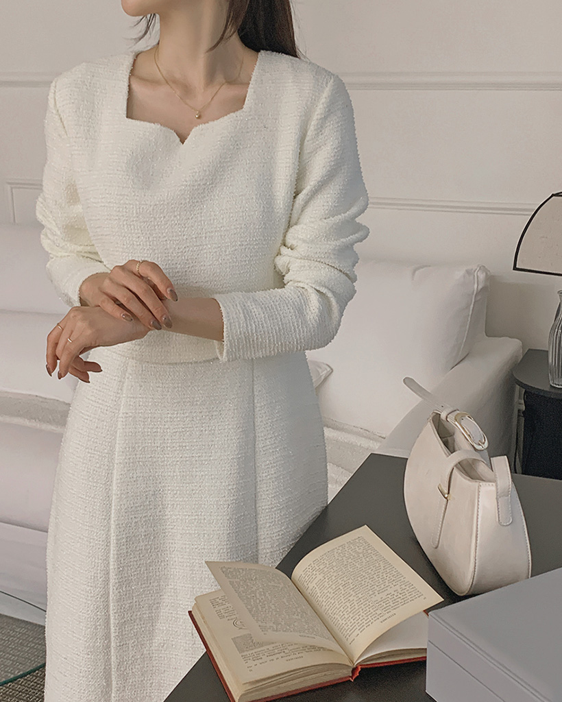 ツイードスクエアネックロングドレスワンピース | ファッション通販