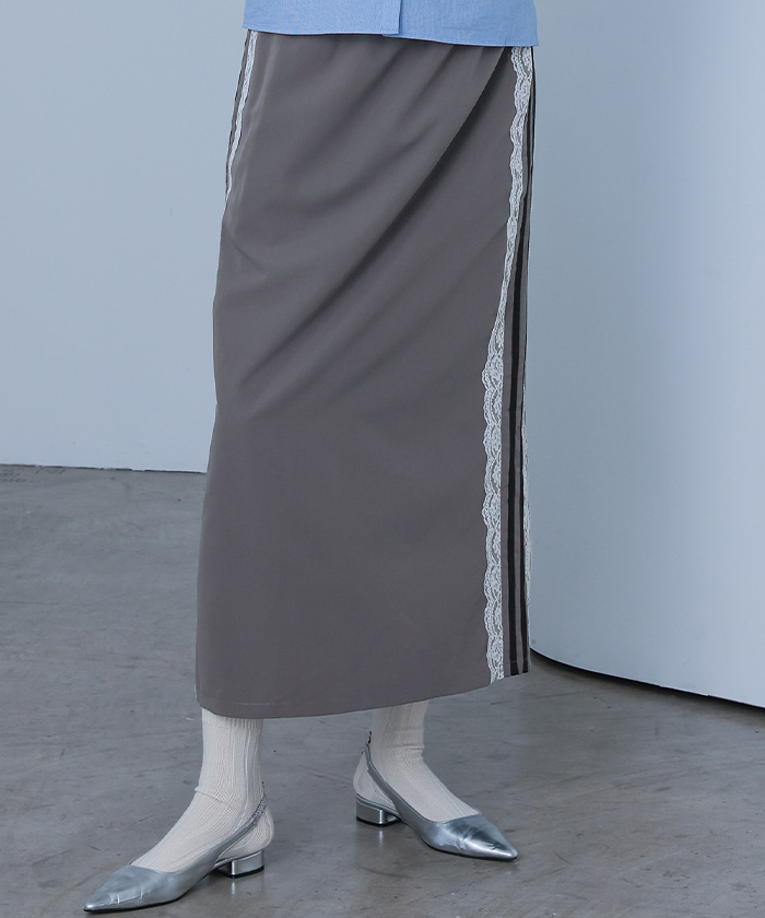 【極美品】ルルウィルビー　ストライプレースサイドラインスカート　白　日本製 極美品】ルルウィルビー ストライプレースサイドラインスカート