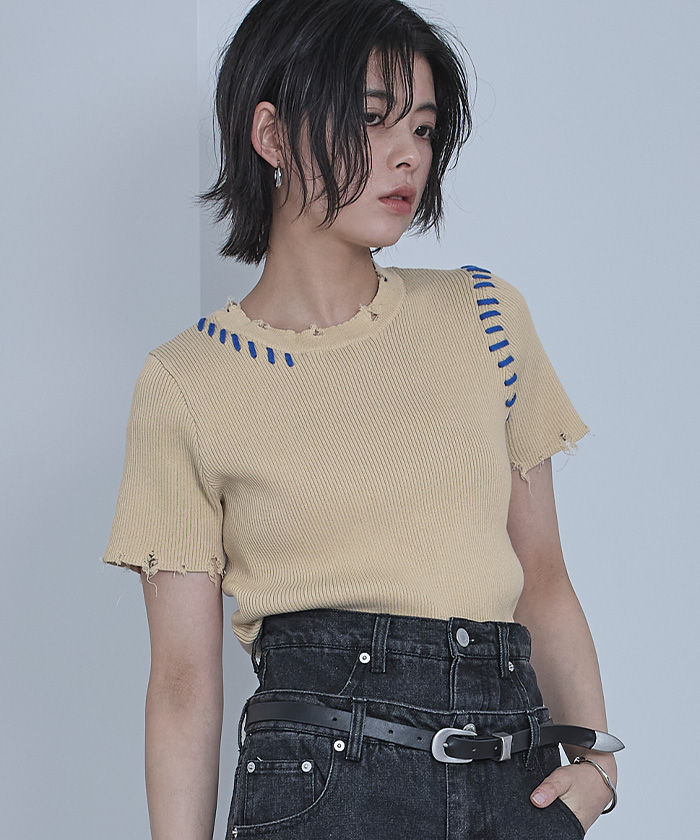 配色ステッチダメージトップス | ファッション通販サイト NUGU