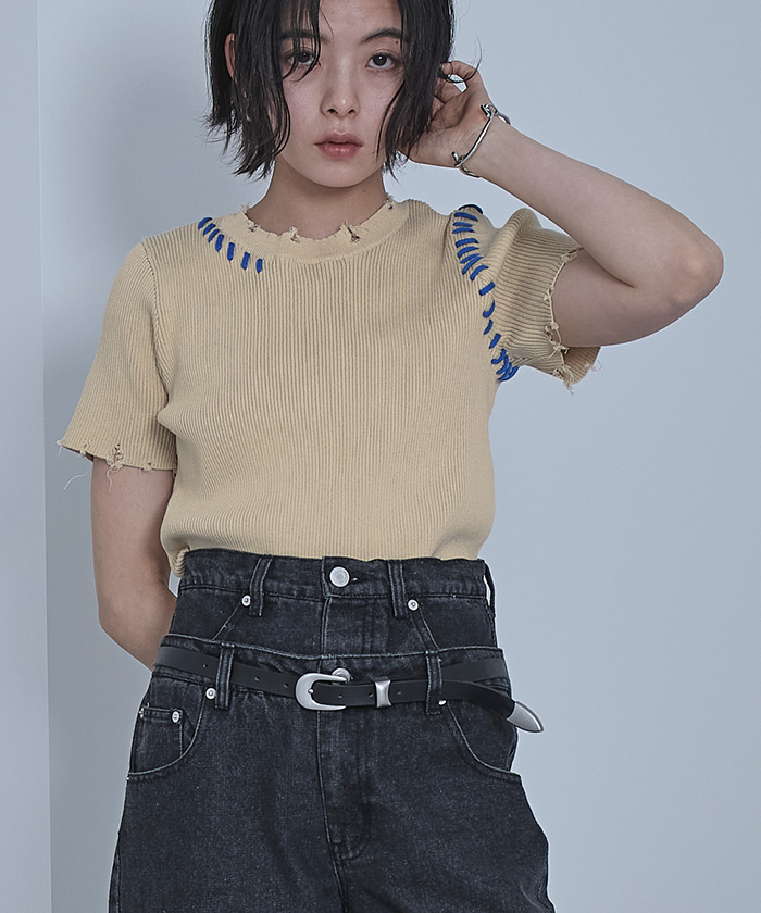 すーやんページ 配色ステッチダメージトップス | ファッション通販サイト NUGU