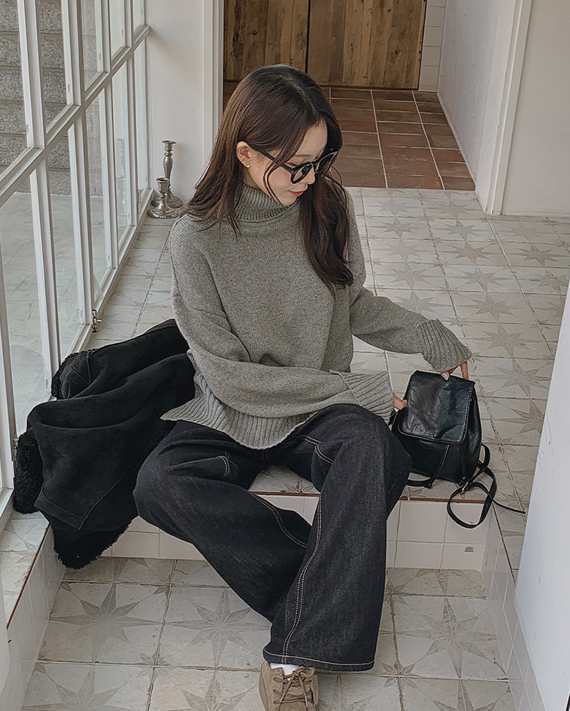 [ウール30%] ウールハイネックリブ切替ニット