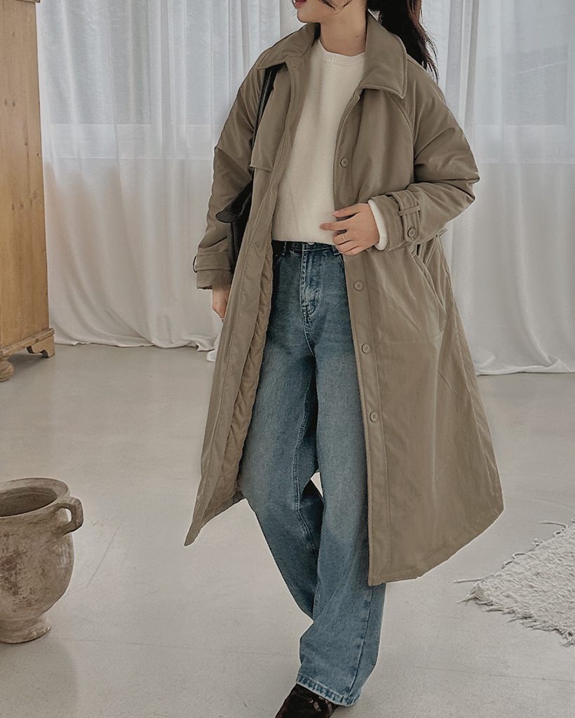 フラップカラネックベルトロングコート (キルティング裏地)