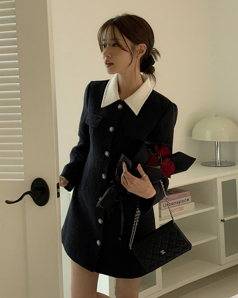 【original】 [ショート/ロング] 配色 襟付き ツイード ワンピース (S-L) #オケージョン