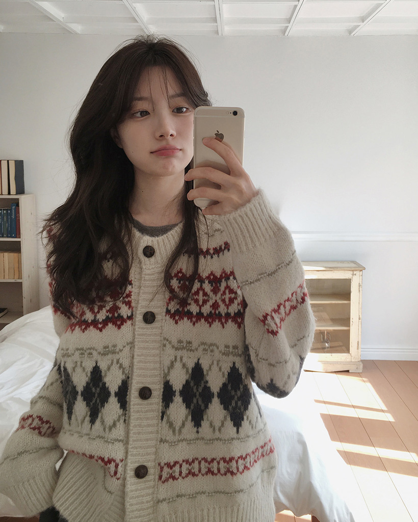 ソフトウールアーガイルノルディック柄ニットカーディガン