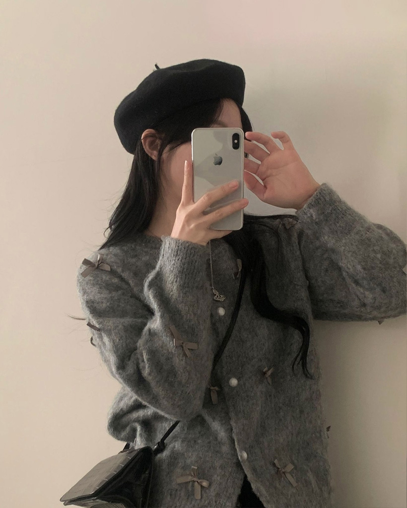 【極美品】近年モデル パール リボン ニット カーディガン ルネ 34 セール】パールリボンニットカーディガン（カーディガン/ボレロ