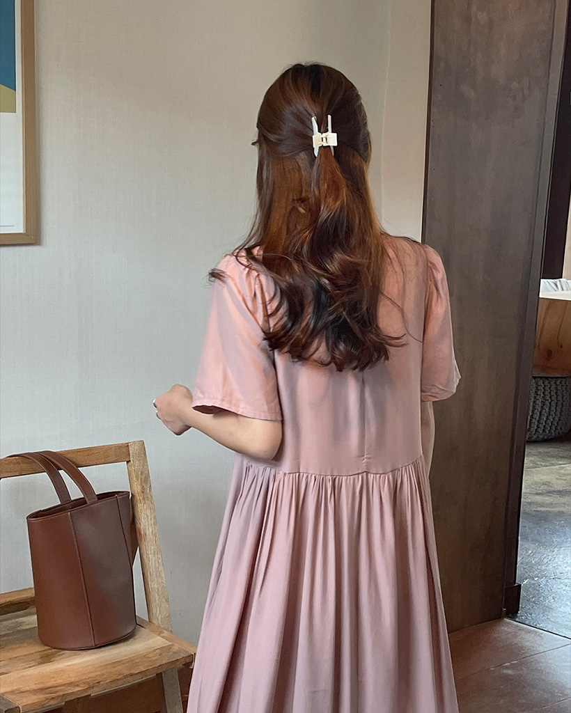 シャーリングロングワンピース シフォンパフスリーブシャーリングロングワンピース