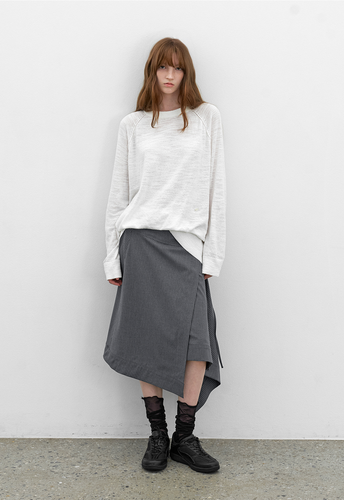 (SK-5093)STRIPE UNBALANCE WRAP SKIRT