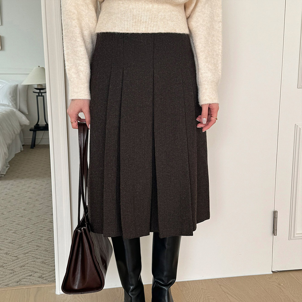 A.F. VANDEVORSTベルギー製ウール100%プリーツスカート 36 ウール サイドオープンプリーツ ベルトスカート（スカート