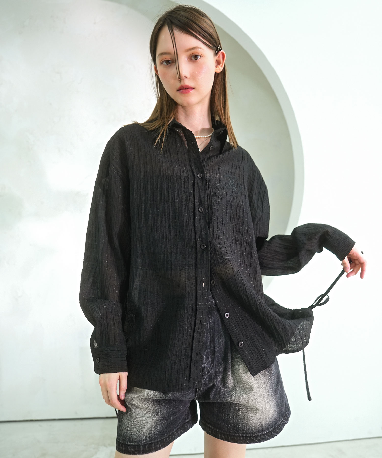 sugri スグリ　　別珍フードシルクリボン　ブラック Summer Side Shirring Shirt BLUE | ファッション通販サイト NUGU