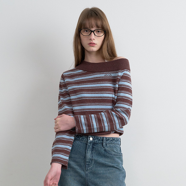 ONE OFF SHOULDER STRIPE KNIT BR+BL