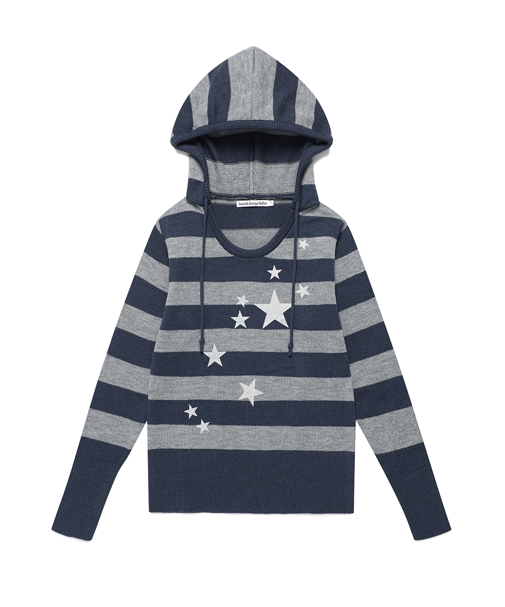 W U NECK STRIPED STAR KNIT HOODIE[NAVY]