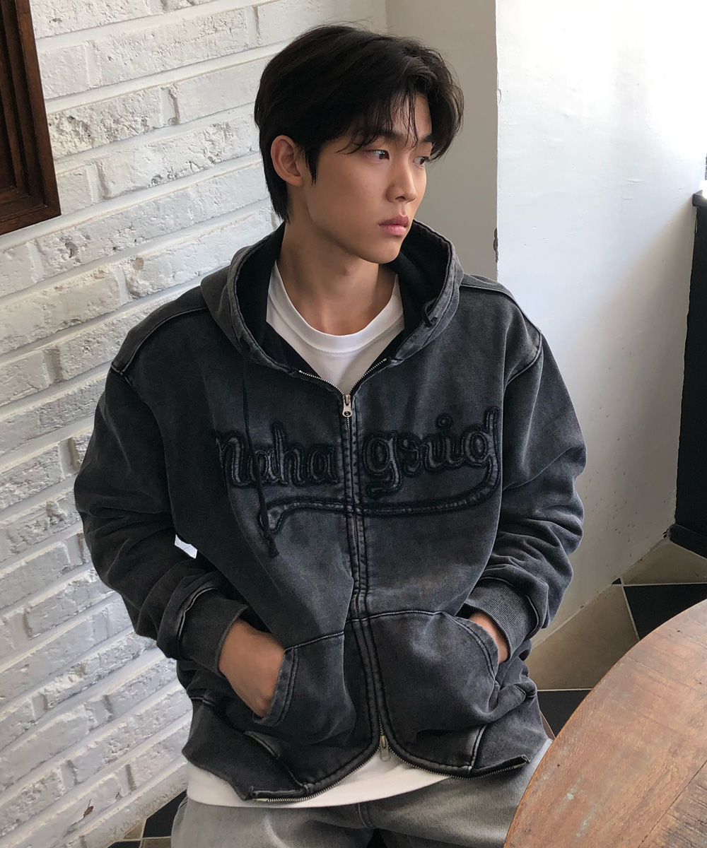 WASHED CUT OFF APPLIQUE HOOD ZIP UP[BLACK] | ファッション