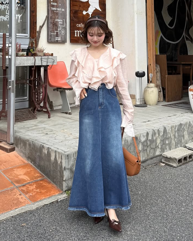 ワイドダブルラッフルVネックリンクルブラウス | ファッション通販