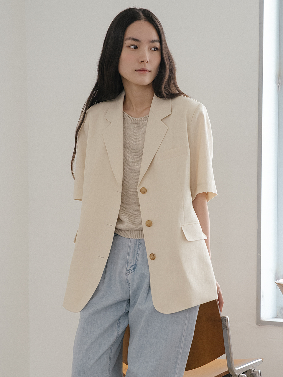 Linen blended half sleeve jacket [TISU05JK03]_Beige