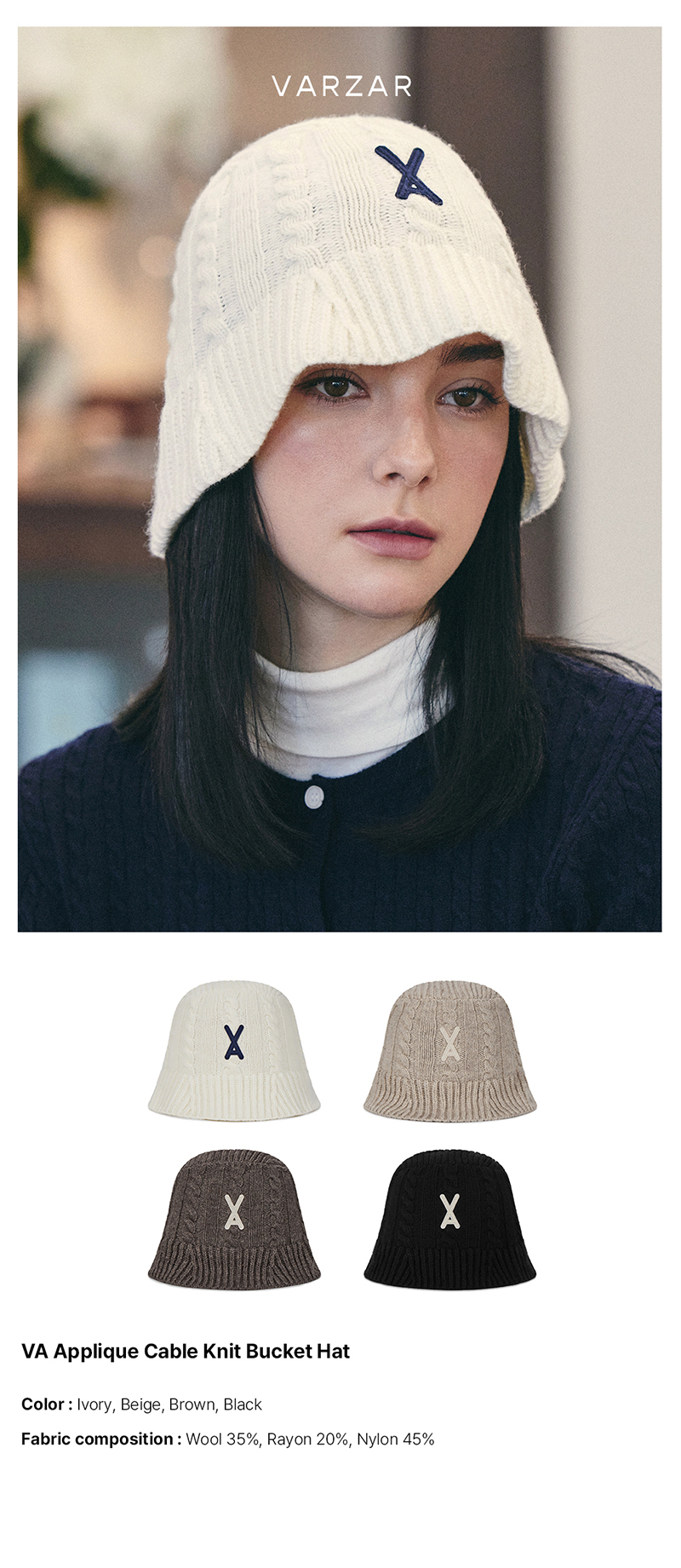 ★VARZAR★ VA applique cable knit bucket hat ivory VA Applique Cable Knit Bucket Hat / Ivory - VARZAR | 60