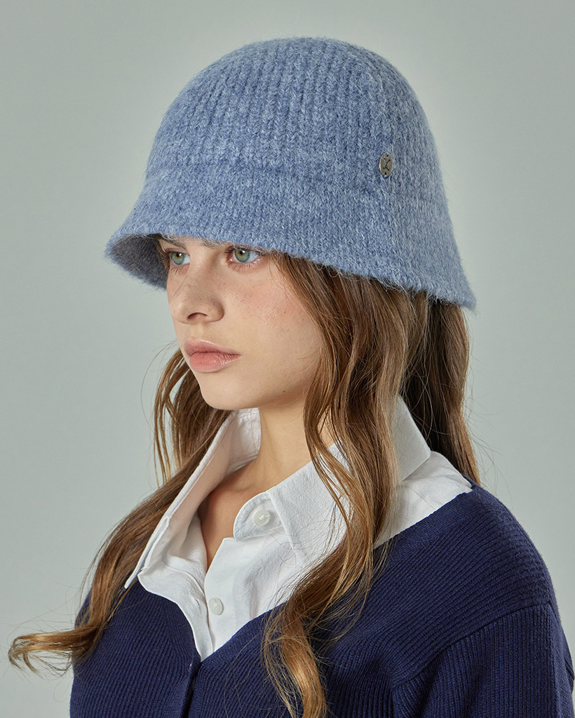 VA Curved Oval Metal Washed Knit Bucket Hat Soft Blue VA Curved Oval Metal Washed Knit Bucket Hat Soft Blue