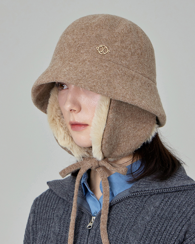 VA Curved Circle Logo Wool Blend Flap Bucket Hat Beige