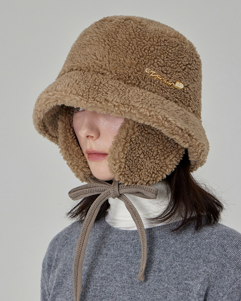 VARZAR Safety Pin Sherpa Fur Flap Bucket Hat Taupe