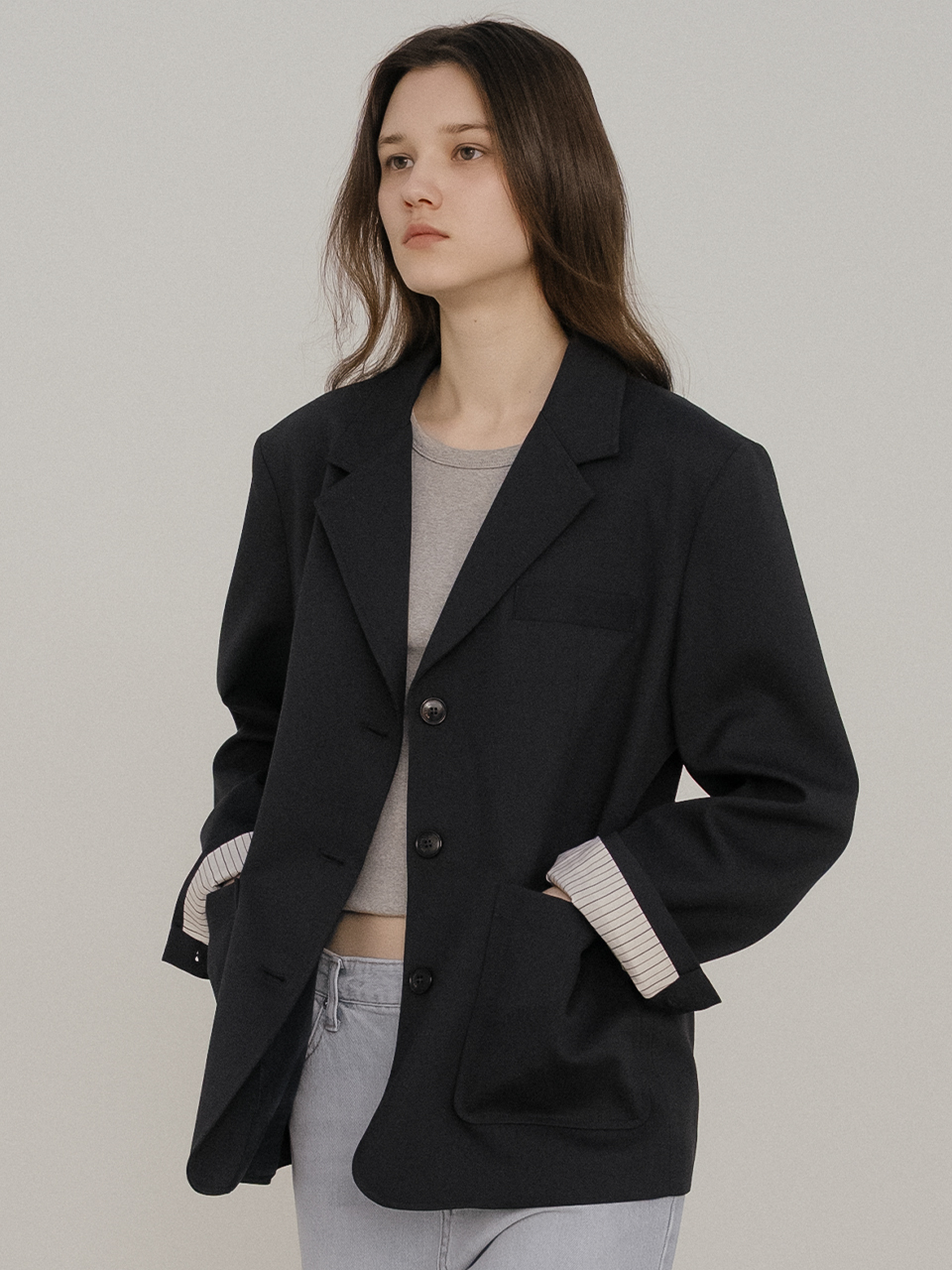 Stripe cuff 3-button blazer [TISP05JK03]_Navy