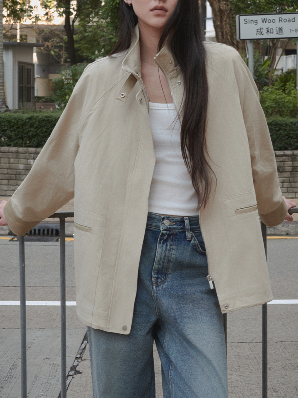 High-neck leather point work jacket [TISP05JK05]_Beige