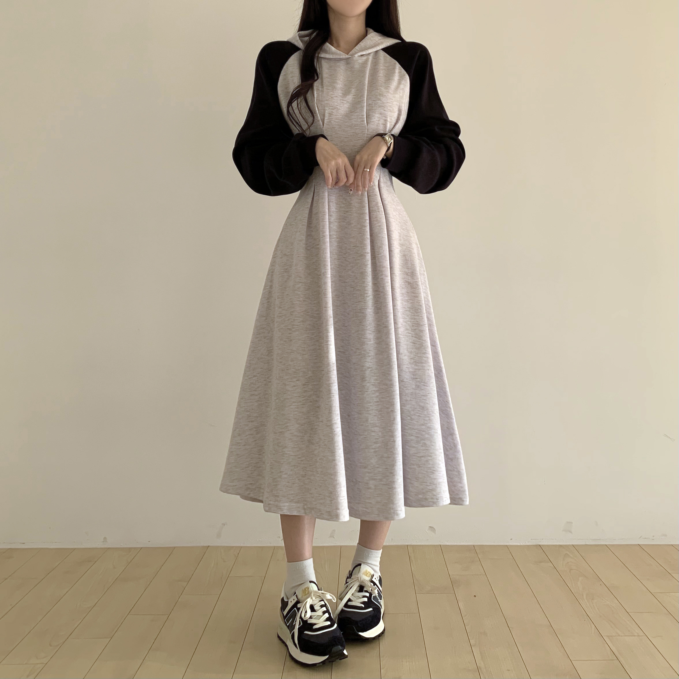 バイカラーAラインフード付きロングワンピース | ファッション通販