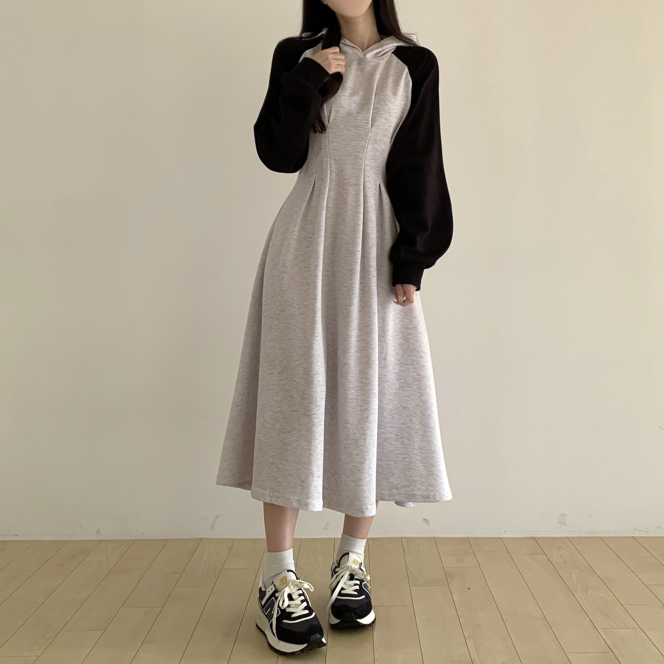 バイカラーAラインフード付きロングワンピース | ファッション通販