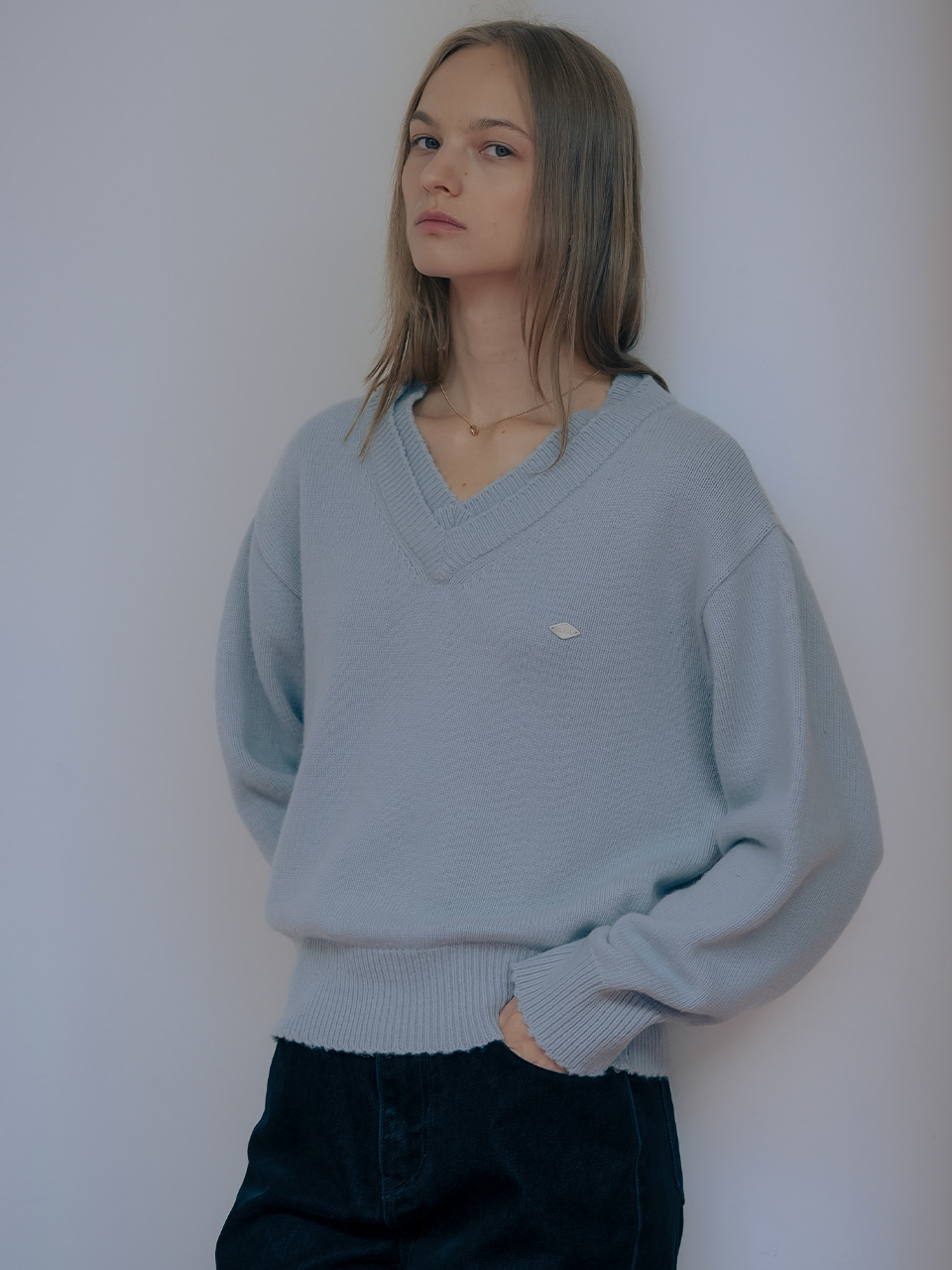Double rib v-neck wool blended knit_Sky blue